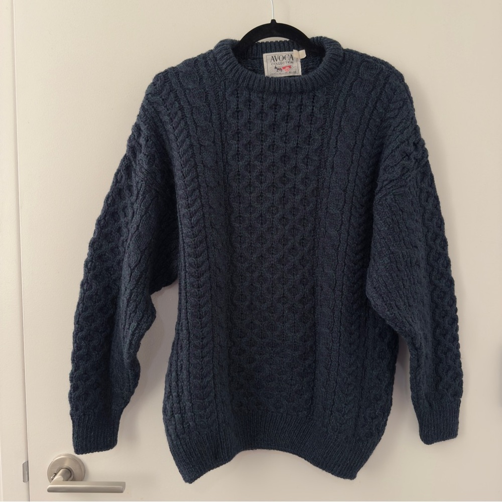Vintage 80s 100% Wool Fisherman Sweater Teal Avoca Collection Ireland Large Knit